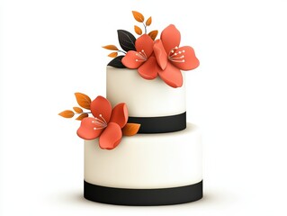 A beautifully designed two-tier cake adorned with vibrant flowers and elegant black ribbon, perfect for celebrations.