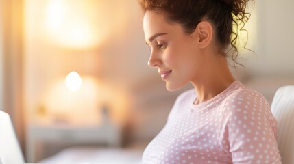 A focused woman engages with her laptop in a cozy, softly lit room, showcasing a moment of concentration and warmth.