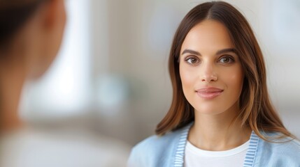 A young woman in a light blue sweater smiles gently, engaging with someone out of view, exuding warmth and confidence in a softly lit environment.