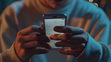 Fototapeta premium Hands of man using online virtual app on mobile phone. Millennial guy chatting on smartphone, using banking services, reading text message, typing, shopping, making call, browsing internet. Close up