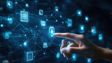 Fototapeta premium Hand touching a digital screen with icons of technology and online network connection, cloud storage, or security system on a dark blue background.