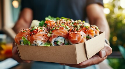 A selection of sushi rolls featuring vibrant salmon pieces and fresh ingredients presented in a chic yet sustainable takeaway box, ideal for modern lifestyles.