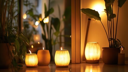 A serene, eco-conscious Diwali evening with handmade bamboo lanterns, organic clay lamps, and soft, sustainable lighting creating a warm glow in a modern home.