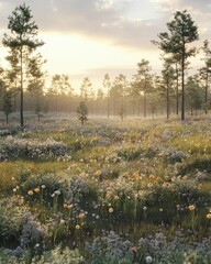 Obraz premium A quaint city park blooming with wildflowers and native trees, embracing urban rewilding, natural landscaping, and gentle morning light.