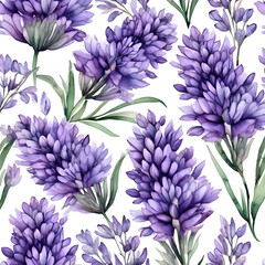 Watercolor seamless pattern of purple lavender flowers arranged on a white background. Keep it gentle and delicate.