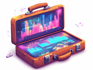 Flat Briefcase Holographic Profit Projection Vector Open Briefcase Projecting Rising Profit Charts Graphs White Background Leather Texture Semi-Transparent Glowing Edges Simple Flat Business Illustrat