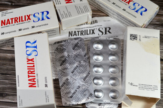 Cairo, Egypt, October 4 2024: Natrilix SR 1.5 mg Tablets indapamide manufactured by The French Servier Laboratories Limited Company, a thiazide-like diuretic for the treatment of hypertension