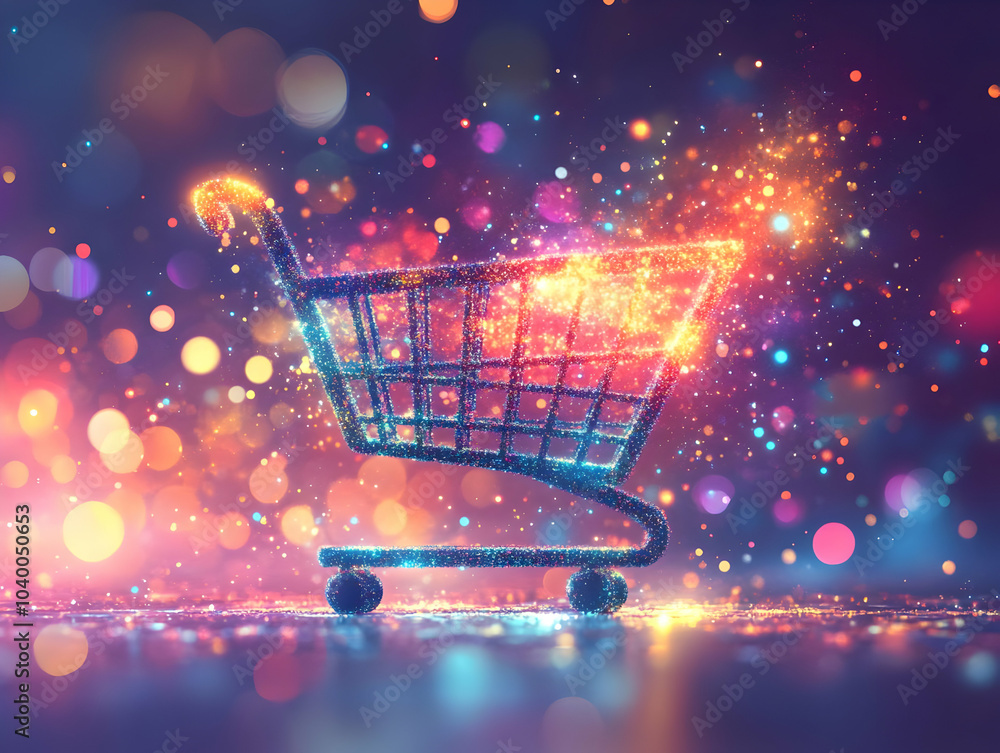 Poster flat soft abstract shopping cart icon - digital soft image with glowing cart against colorful bokeh 