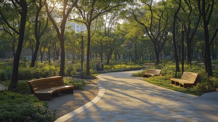 A sustainable urban park featuring recycled material benches, eco-friendly designs, lush greenery, and gentle dappled sunlight.