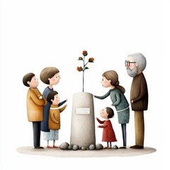 A family gathers around a memorial stone, honoring loved ones with a budding flower, showcasing love and remembrance.