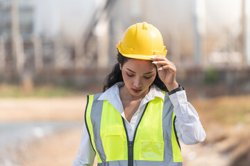 female engineer with hardhat with petrochemical factory background. asian woman holding tablet, plan and Walkie Talkie.