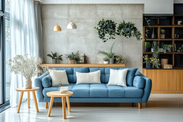 sofa against concrete wall. Scandinavian loft home interior design living room