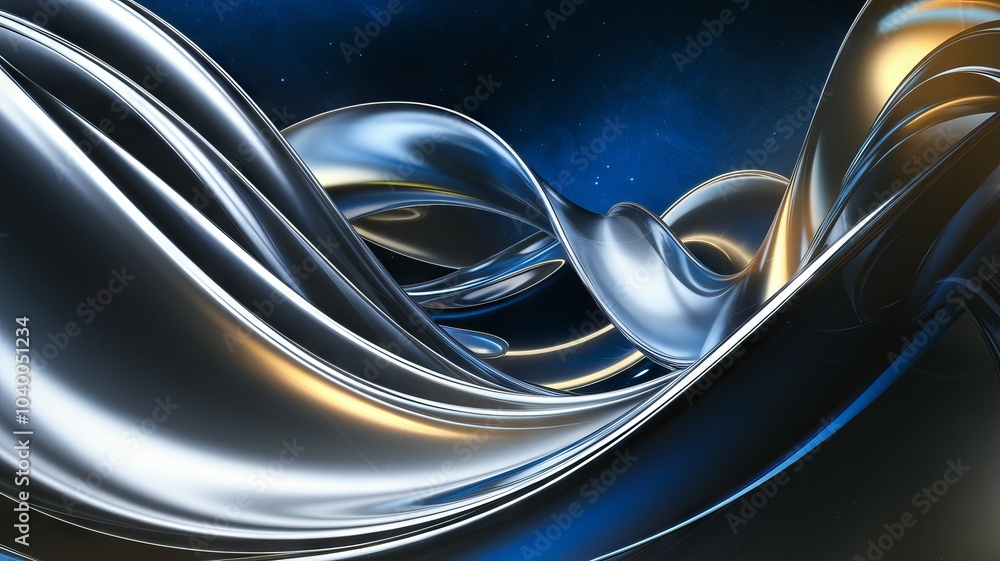 Poster abstract metallic waves. a captivating abstract image featuring flowing metallic waves against a dee