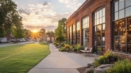 Vintage Brick Building at Sunset with Scenic Pathway