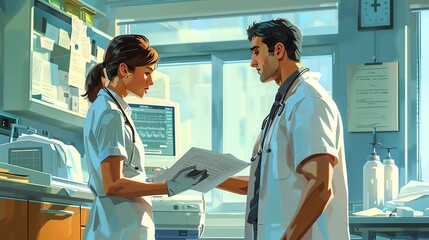 Obraz premium Two doctors in a hospital room discuss medical records, with a bright window behind them.