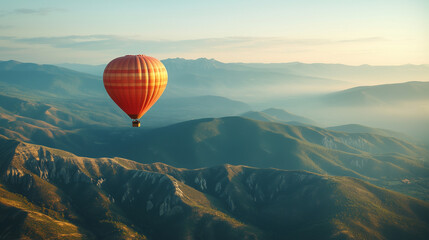 Obraz premium Hot Air balloons flying over Mountains landscape sunset vintage nature background.