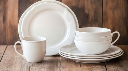 Elegant White Ceramic Dishware Set on Wooden Background