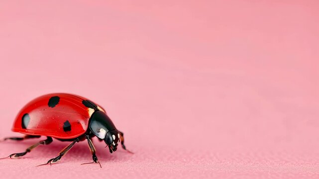 Red Ladybug on Soft Pink Background, Minimalist Insect Close-Up, Colorful Nature Macro Photography, High-Resolution Horizontal Shot, Ideal for Spring and Summer Themes