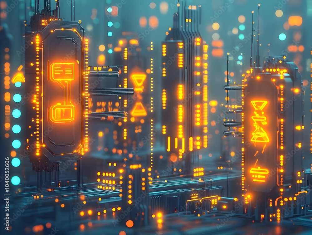Poster flat nano currency transaction concept extreme close up of microscopic robots exchanging glowing dig