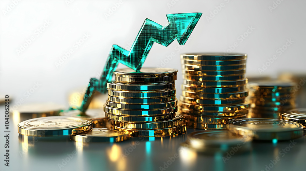 Poster 3d floating coin stack growth arrow vector illustration gold coins glowing green upward arrow isolat