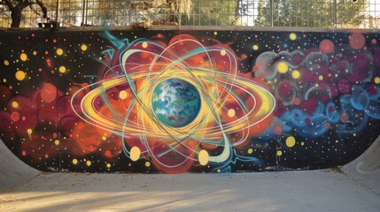A mural on one of the skate ramp walls depicting an atom with its electron spins.