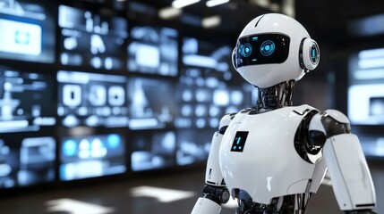 A robot conducting automated surveillance in a futuristic security operations center with multiple screens and sensors, clean and secure environment, Security-tech style