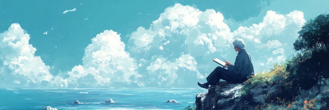 Clifftop Artist Capturing Clouds, an illustrator immersed in nature, sketching fluffy clouds against a vast sea backdrop, serene creativity unfolds.