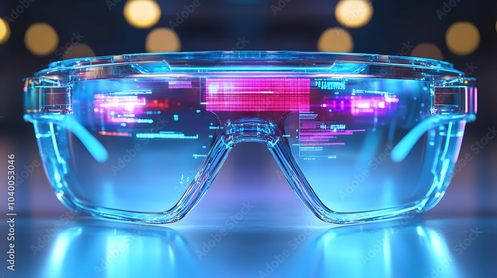 Poster 3D Holographic Augmented Reality Glasses with Floating UI Close-Up Pan on White Surface, Revealing Holographic User Interface Elements and Icon, Ideal for Ultra-Modern Tech Designs