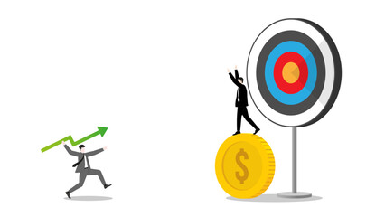 Fototapeta premium Businessman throws a green arrow javelin at a target, defended by richer competitor on a dollar coin, the rival challenge of leader in business goal. Market competition success in the corporate world