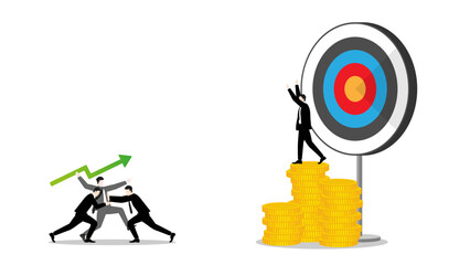 Businessman throws a green arrow javelin at a target, defended by team of competitors on coins stack, the rival challenge of leader in business goal. Market competition success in the corporate world
