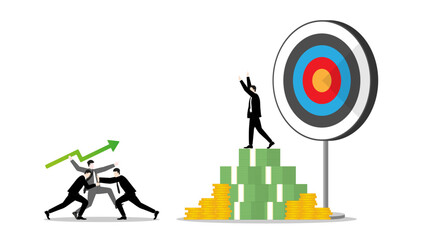 Businessman throws a green arrow javelin at a target, defended by team of competitor on money stack, the rival challenge of leader in business goal. Market competition success in the corporate world