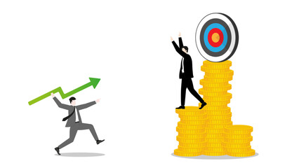 Businessman throws a green arrow javelin at a target, defended by richer competitor on coins stack, the rival challenge of leader in business goal. Market competition success in the corporate world