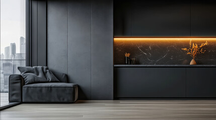 dark and black kitchen Interior design of an apartment in a modern style