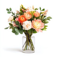 Obraz premium Bouquet of colorful flowers in a clear vase, white background.
