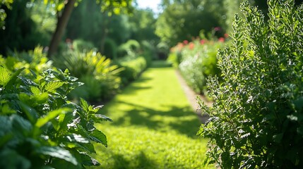 Obraz premium A serene garden filled with lush mint plants, the cool scent of peppermint and eucalyptus carried by a gentle breeze, sunlight casting soft shadows over the vibrant green leaves,