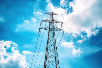 electric power tower, blue sky with clouds in the background