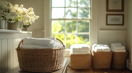 A serene laundry room with baskets of freshly folded linens, soft sunlight coming in through the window, the scent of clean fabric and soap in the air, an organized and peaceful setting,