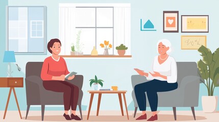 Health visitor and a senior woman during home visit.