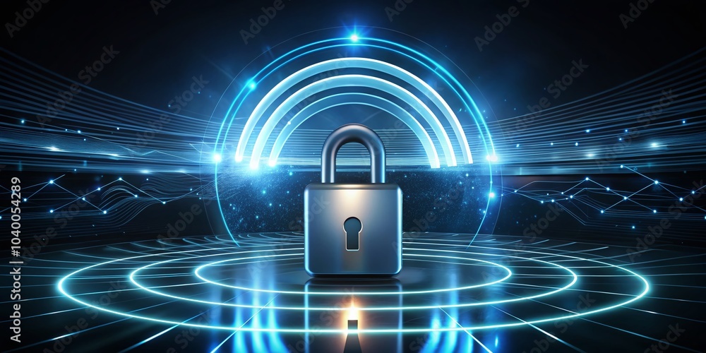 Poster long exposure 3d render of mobile wifi transmitter with lock for secure connectivity