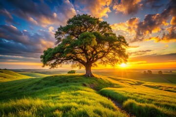 Fototapeta premium Lonely Ancient Oak Tree on a Hill at Sunrise in Lush Green Grasslands - Nature Photography