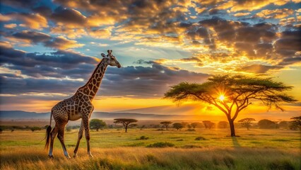 Obraz premium Lonely Giraffe at Sunset in Serengeti: Majestic African Landscape Photography