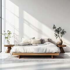 Rustic wooden bed against empty white wall with copy space Scandinavian loft interior design  bedroom