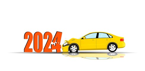 Accident. The yellow car crashed into the numbers of the old year. New Year 2025.