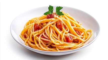 Un plato de espaguetis con salsa de tomate y panceta, decorado con una ramita de perejil fresco. Un clásico plato de pasta italiano.

