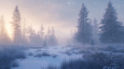 Fototapeta premium A serene winter landscape with snow-covered pine trees, soft morning light reflecting off the fresh snow, a cool breeze carrying the crisp scent of peppermint and pine,