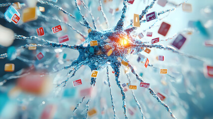 3D Neural Synapse Flash Sale Concept - Close-Up of Neuron Firing, Product Icons, Price Tags, Electrical Impulse, Cascade of Deals, Offers, Neural Network Interaction, 3D Icon on White Background