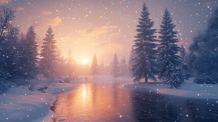 Fototapeta premium A serene winter landscape with snow-covered pine trees, soft morning light reflecting off the fresh snow, a cool breeze carrying the crisp scent of peppermint and pine,