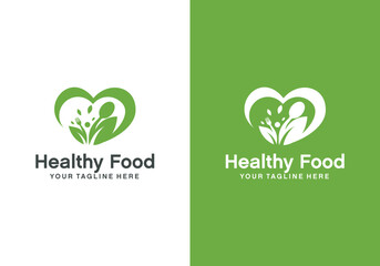 Heart abstract logo template with cutlery and leaves. green food love logo, organic food lover, symbol of healthy food, health nutrition and diet menu. Simple linear line concept with some preview col