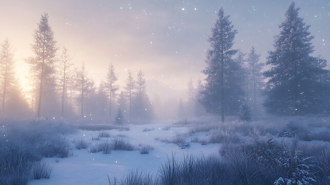 A serene winter landscape with snow-covered pine trees, soft morning light reflecting off the fresh snow, a cool breeze carrying the crisp scent of peppermint and pine,