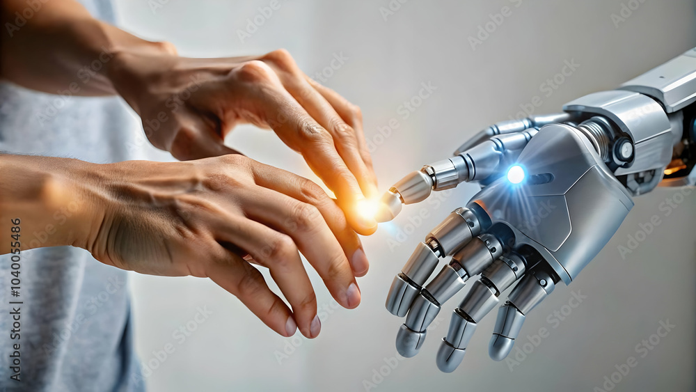 Poster interlocking gears human robotic collaboration image plain background seamless machine integration c